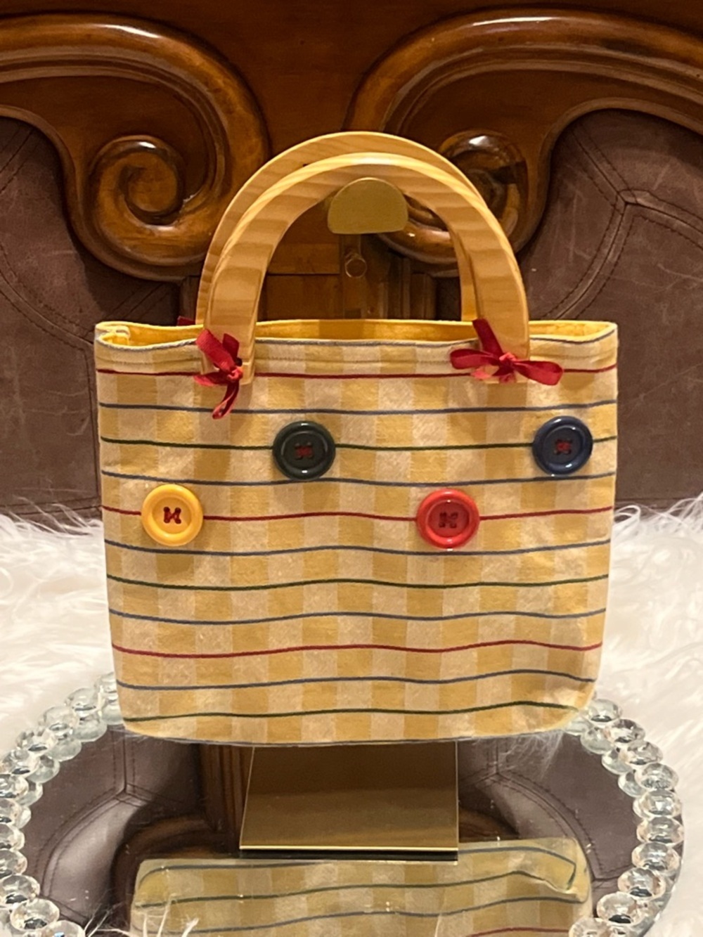 Handmade Yellow Striped Button Accent Tote Handbag - Picture 3 of 8